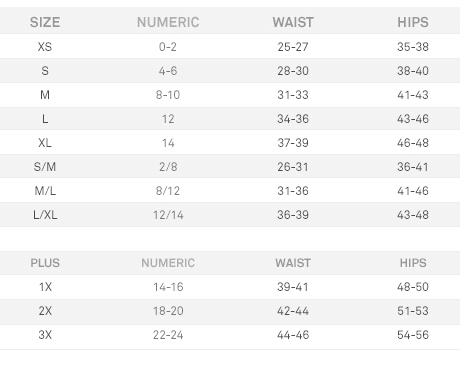 Yummie Size Chart